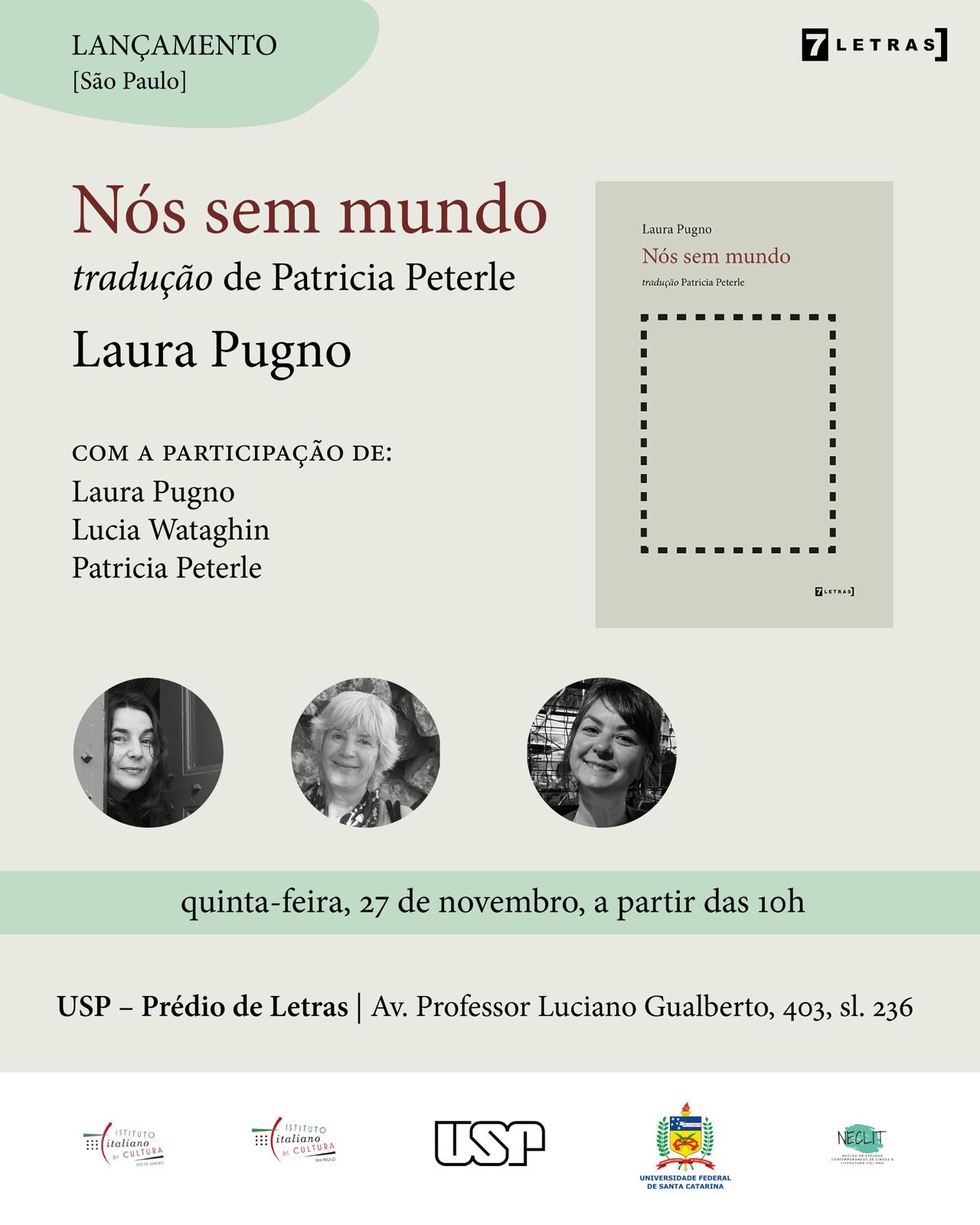 "Cartaz do evento de divulgação do livro 'Nós sem mundo' e 'Branco' da escritora Laura Pugno "